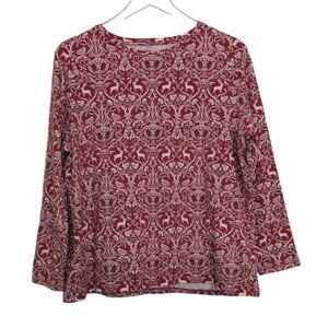 Talbots Floral Scroll Shirt Womens Petite 2X Red Cotton Stretch Boat Neck